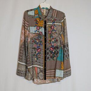 CYRENA Multi-Color Soft Rayon Long Sleeve Blouse; Embroidery, Sequins; Size M